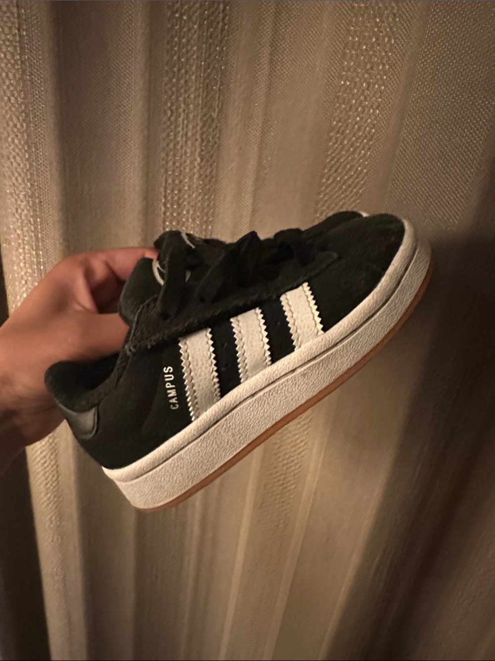 adidas Kids Black Suede Campus Sneakers with White Stripes